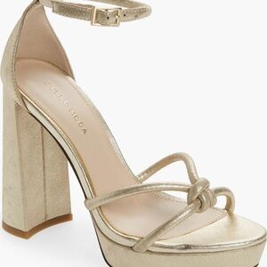 Pelle Moda Gold Block Heel Sandals with Ankle Straps